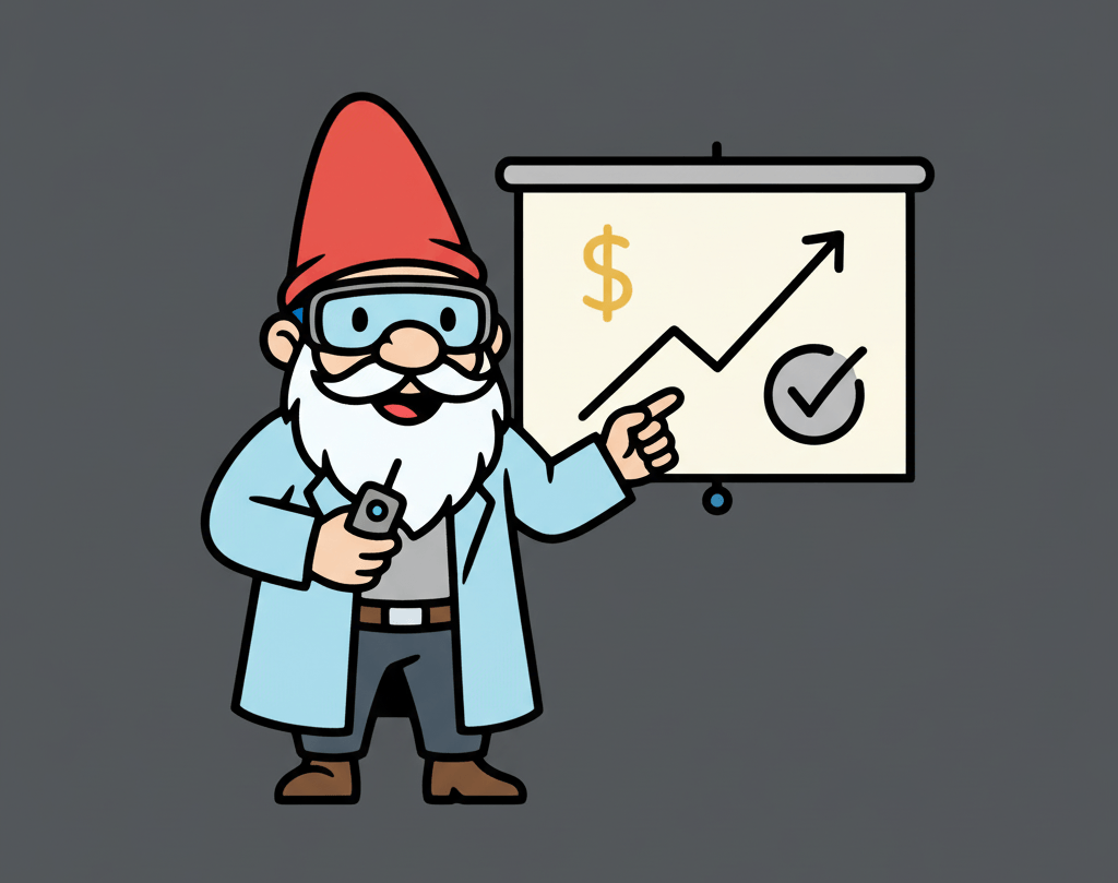 A gnome presenting a cost and growth chart