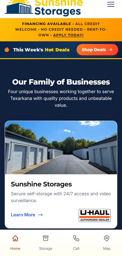 The Sunshine Storages website on mobile